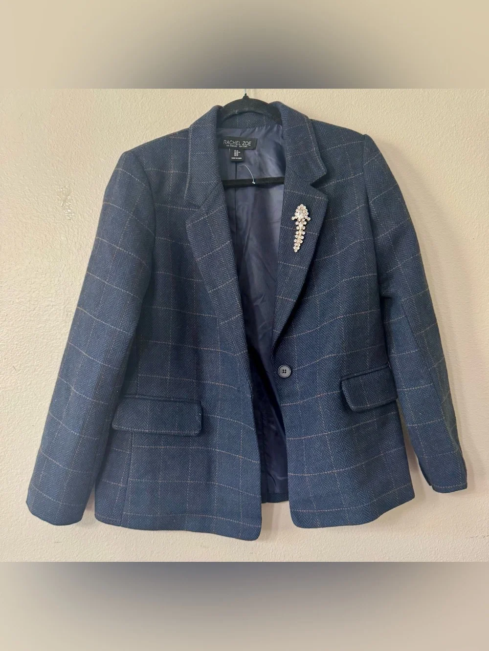 Rachel Zoe Navy Herringbone Windowpane Plaid Blazer Brooch M